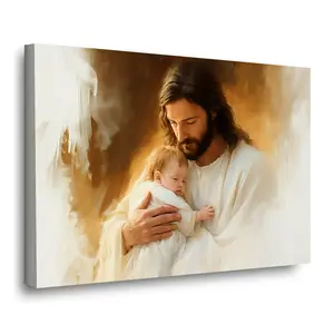 Wall Art Wall Decor Posters Jesus Holding Sleeping Baby Christian Canvas Material Oil Painting Style Warm Golden Tones Guard Innocence Comfort The Soul Ideal Gift For New Parents Baptism Baby Shower For Home Nursery Prayer Room