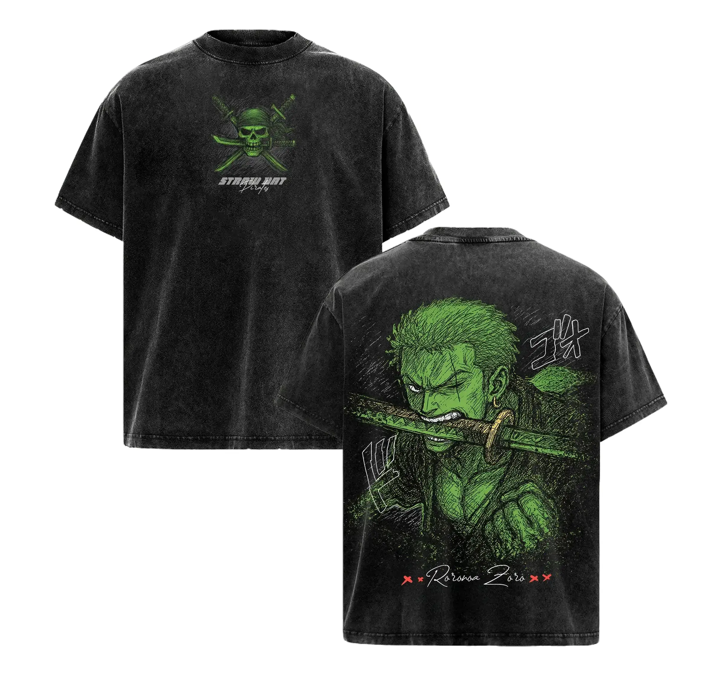 Men's Roronoa Zoro Vintage Washed Oversized Heavy Cotton Short-Sleeve Tee - 1 Piece Anime Streetwear, Green Straw Hat Pirate Graphic Shirt, Gift for Anime & Zoro Fans,gift shirt,funny meme tee,short sleeve,cotton graphic tees,graphic shirts,vintage shirts