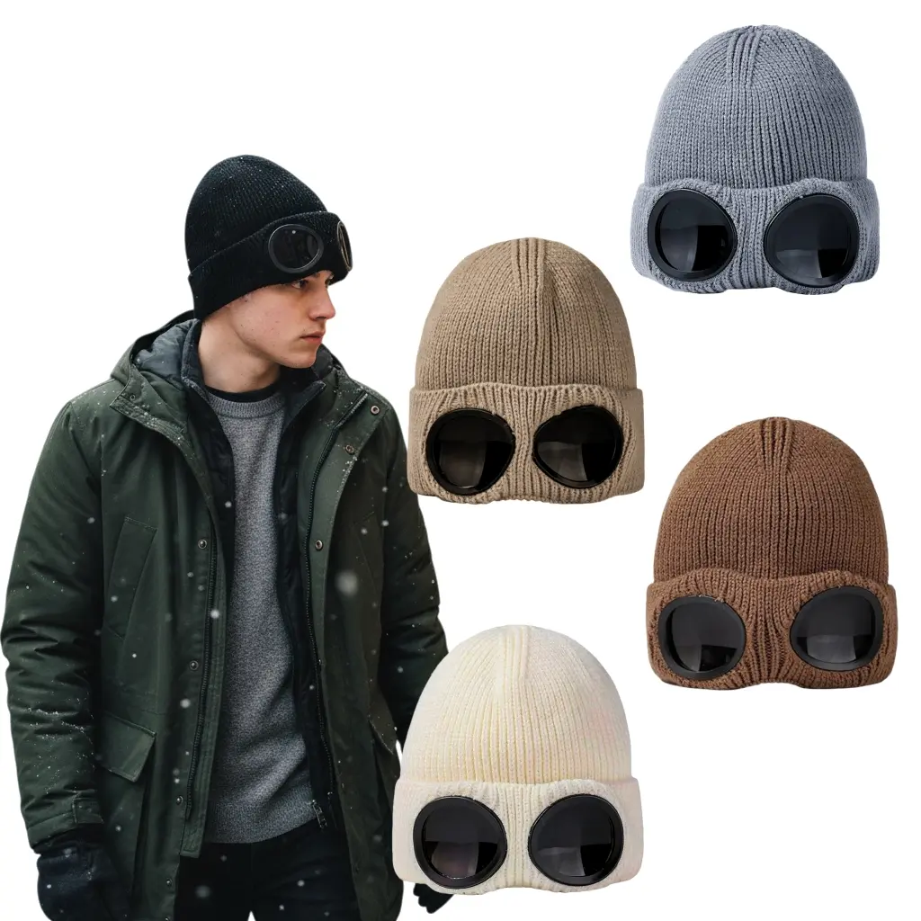 Unisex Knitted Goggles Beanie, Knitting Beanie, Cozy Beanie, Beanie Fitted, Winter Stylish Skull Warm Cap, Outdoor Sports Fashion, Outdoor Hats, Fleece Lining, Stretchy Hat, Cold Weather Accessory, Trendy Hat