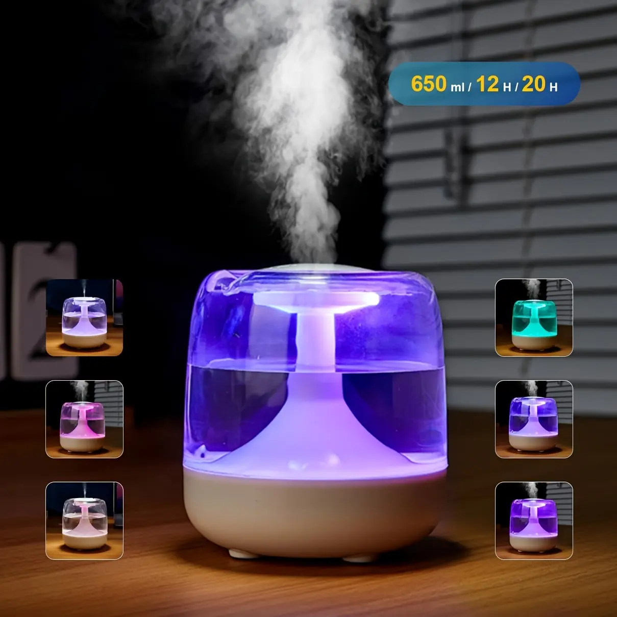 Compact Cool Mist Humidifier - 650ml Portable Space-Saving Tabletop Unit with 7-Color LED Lights, Visible Water Volume for Bedroom, Office Indoor Recreation Use