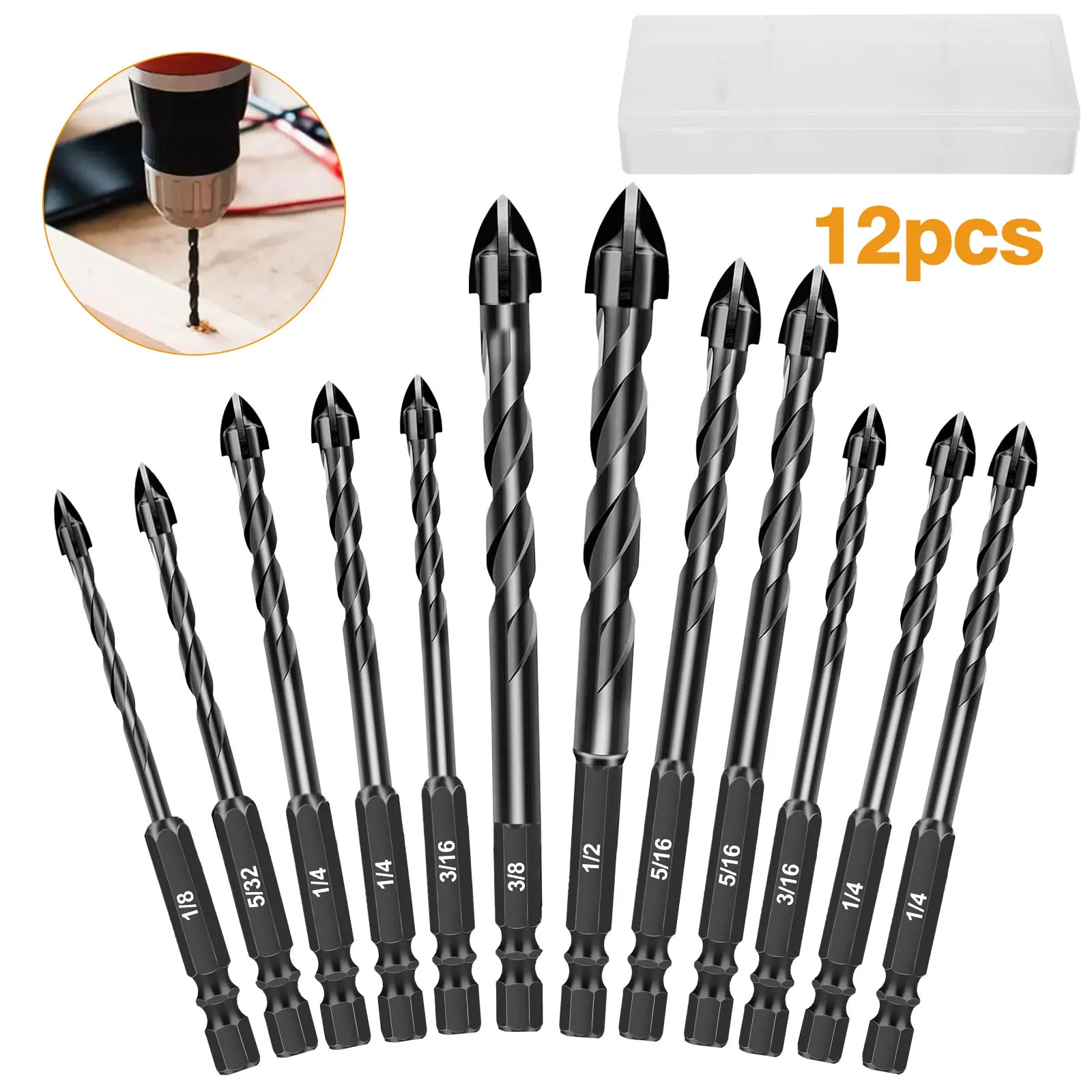 12Pcs Masonry Drill Bits Set - 1/8" to 1/2" Tungsten Steel Cross Tip,1/4" Hex Shank for Wood Tile Glass Brick Cement Concrete,Heavy-Duty Eccentric DIY Project Tools，industrial Carbide