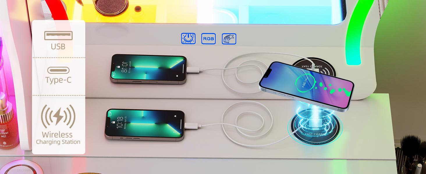 Miu Vanity Set with 7-Color RGB Lights, Wireless Charging, HD Mirror, 8-Drawer Chest & Big Storage Furniture Organizing - Modern Design Adjustable Brightness