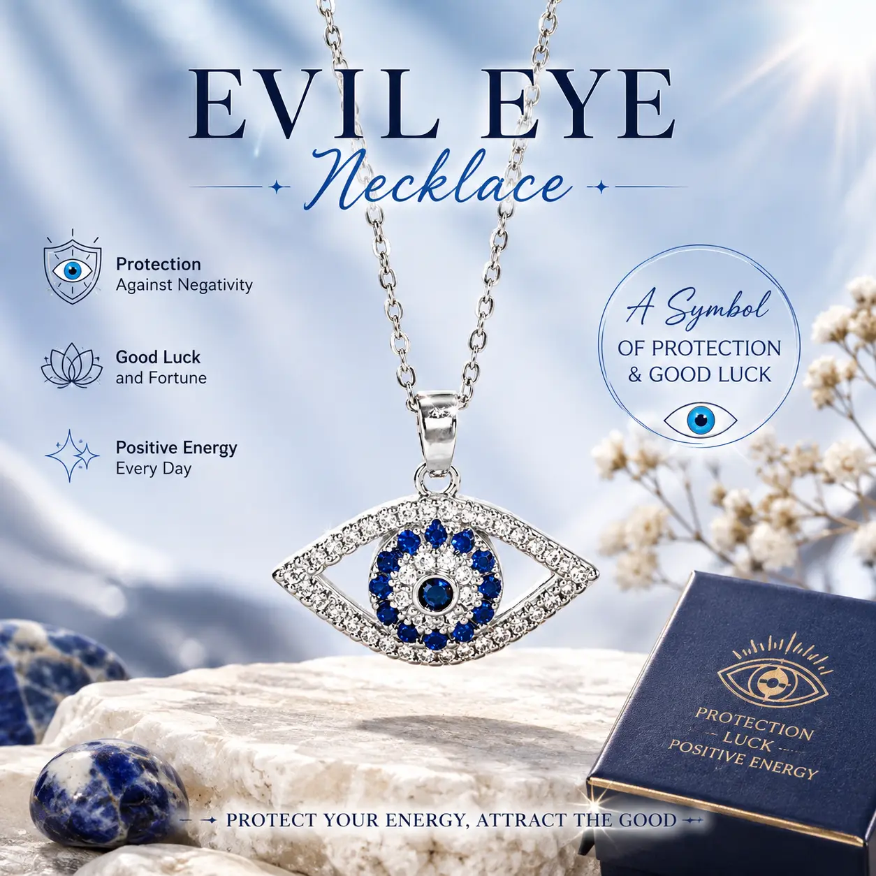Silver Evil Eye Pendant Necklace, Sparkling Blue White Cubic Zirconia Protection Amulet Necklace, Spiritual Statement Jewelry, Meaningful Gift for Women Girls