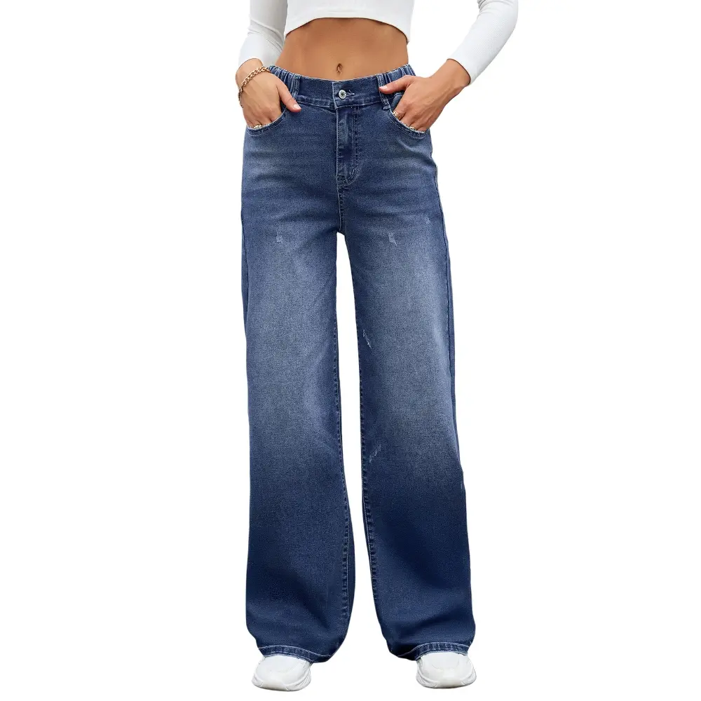 Dokotoo Women's High Wais Denim Print French Terry Casual Sweatpants Jeans with Pockets Straight Leg