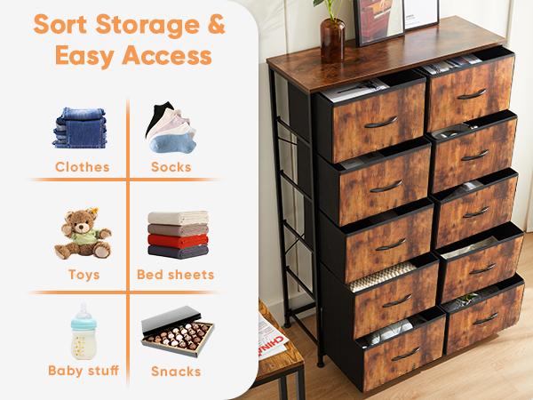 Sweet Furniture S - Tall Fabric Storage Tower Dresser with 10 Drawers and Wood Top for Bedroom Sweet Furniture S - Tall Fabric Storage Tower Dresser with 10 Drawers and Wood Top for Bedroom