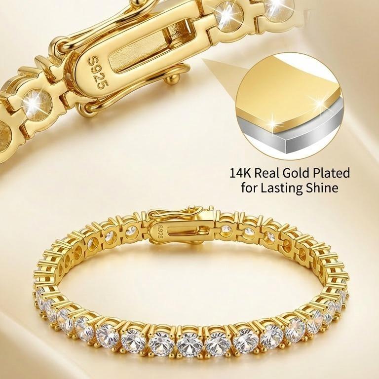 4mm 5mm classic diamond tennis bracelet for men and women| 14K gold-plated silver S925 base| Bright cut D color VVS grade cubic zirconia diamond bracelet| Elegant party accessories| Ultimate Gift Promise Jewelry for Women and Wives