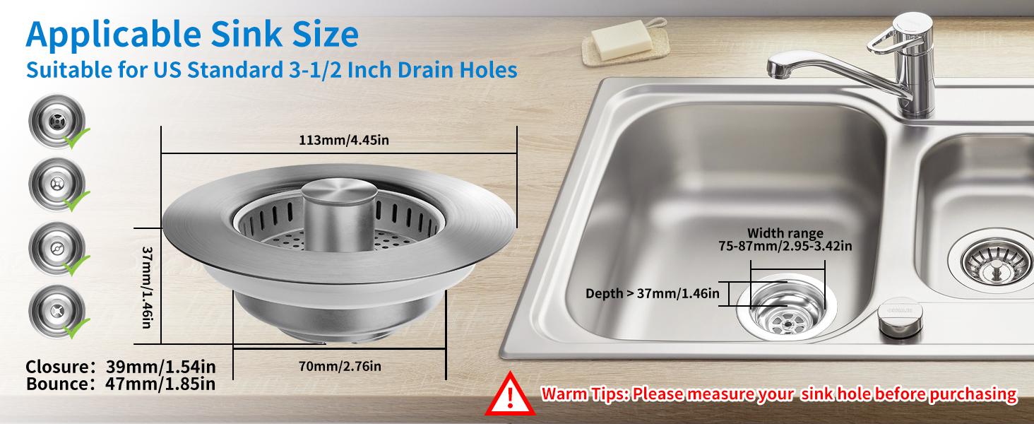 3-in-1 Kitchen Sink Drain Strainer, Stainless Steel Sink Plug, Deodorizing Anti-Clog Basket Strainer for US Standard 3-1/2 Inch Drains