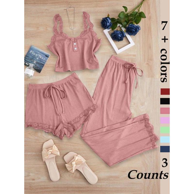 Women's Sleepwear Set, Three-Piece Round Neck Lace Trim Pajamas, Soft Breathable Comfort Casual Home Wear, Tank Top Shorts Long Pants
