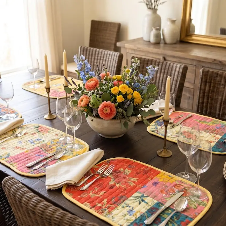 Floral Patchwork Quilted Placemats - Set of 6 Cotton Table Mats