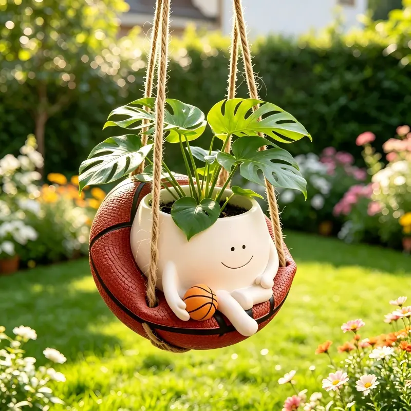 Weatherproof Resin Smiley Face Basketball Hanging Planter - Cute Drainage Succulent Pot, Sports-Themed Wall Decor, Indoor/Outdoor Gift for Basketball Fans, Friends, Kids; Fits Desk, Coffee Table for Plants, Faux Flowers