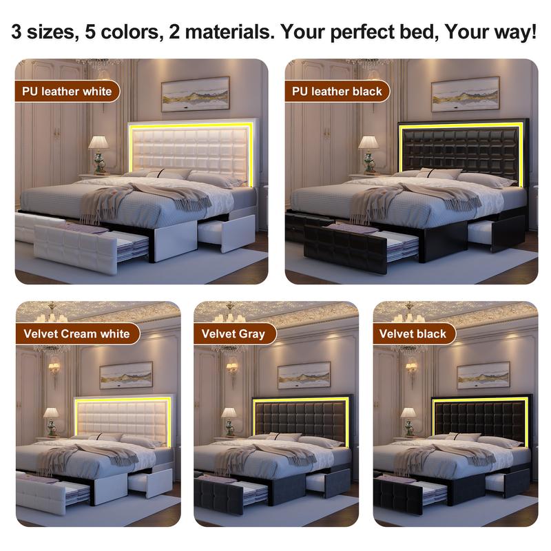 GEGOFORU Queen LED Storage Bed Frame with 4 Drawers, Smart RGBW LED Headboard with Remote Control, PU Upholstered Modern Platform Bed, Gray (Cama Queen con LED y Cajones)