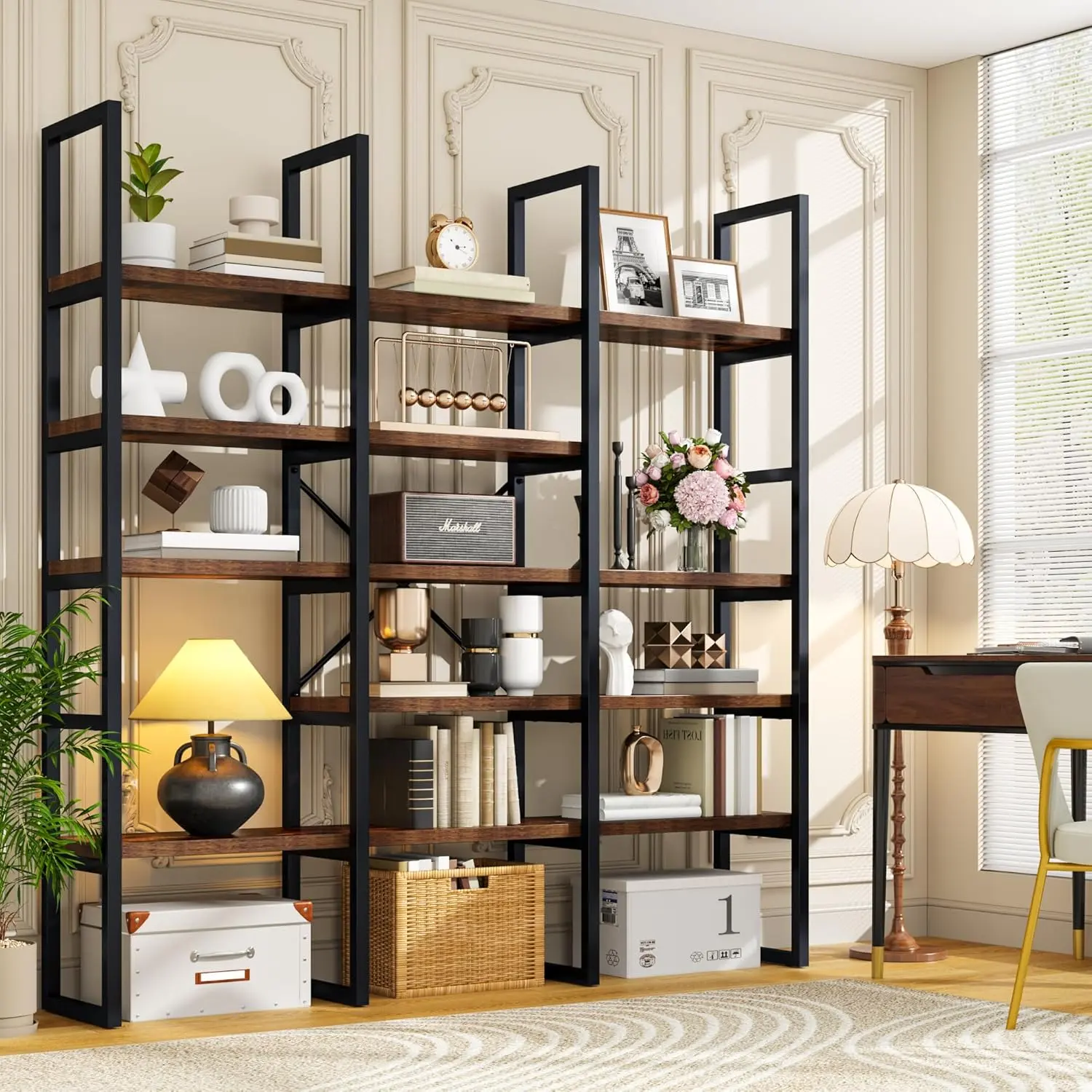 Semoic 5-Tier Triple-Wide Contemporary Geometric Industrial Bookshelf - 71" Height MDF+Steel Frame Freestanding Etagere, Long Short Shelf, Easy Setup, Contemporary Art Storage & Display Organizer for Home Library (Assembly Required)