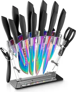 Ceramic Knife Set, D.Perlla 16 Pieces Kitchen Knife Set with Acrylic Stand, High Carbon Stainless Steel, BO Oxidation Knife Block Set, No Rust, Non Slip Handle, Sharp Cover Blade Stylish