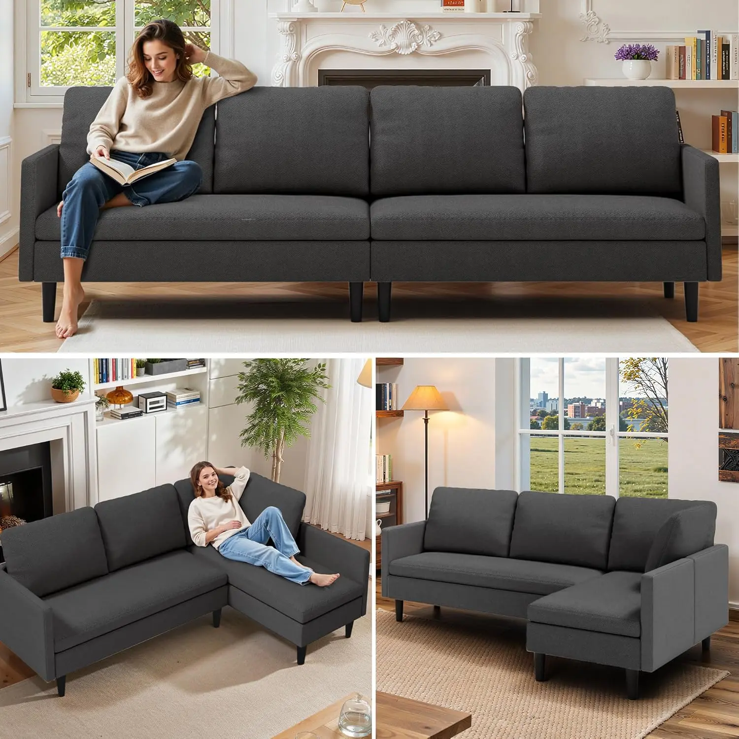 GIZOON 104in Sturdy L-Shaped Modular Sectional Couch - 4-Seat Reconfigurable Convertible Sofa with Deeper Seat, Comfortable Fabric, Removable Armrest, Reinforced Support Springs, Sofas for Living Room, Dark Grey, Comfy Couch, Space Saving Furniture