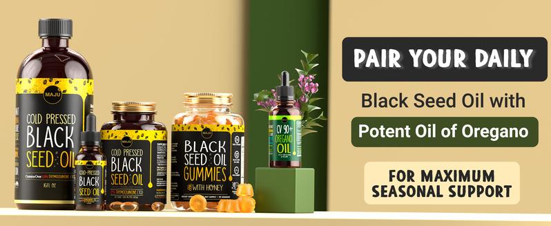 MAJU Black Seed Oil & Oregano - Little Bottle, Big Immunity, Edible Dietary Vitamin, Healthcare Fitness, Glass Bottle, Bathroom Regularity