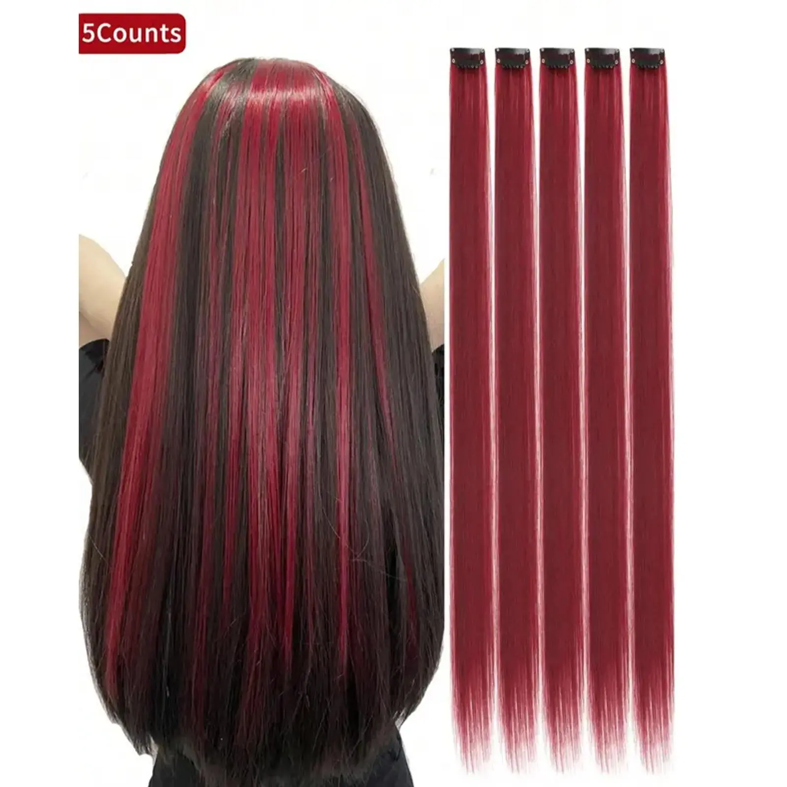 20'' Colored Hair Long Straight Extensions, Halloween Party Cosplay Colorful Highlights Clip in Synthetic Hair Extensions, Burgundy Color Hairpieces for Girls Women Gift, Christmas Decorations