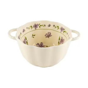 Golden Lion 6" Floral Ceramic Bowl - Creamy White Glaze, 480ML Capacity, Decorative Dessert Bowl for Home & Kitchen