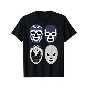 [ Lucha Libre Tee] Lucha Libre Wrestler Applique T-Shirt, , Crew Neck, Slight Stretch, Geometric-Pattern, Knit Fabric, Regular Fit, for Casual, Running, Training, Hiking, Adult & Teen Wear, All Seasons