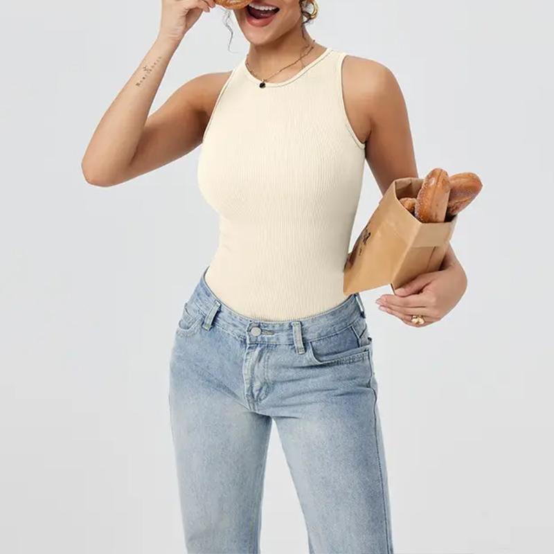 Women's Sexy Ribbed High Crew Neck Sleeveless Bodysuit  Trendy