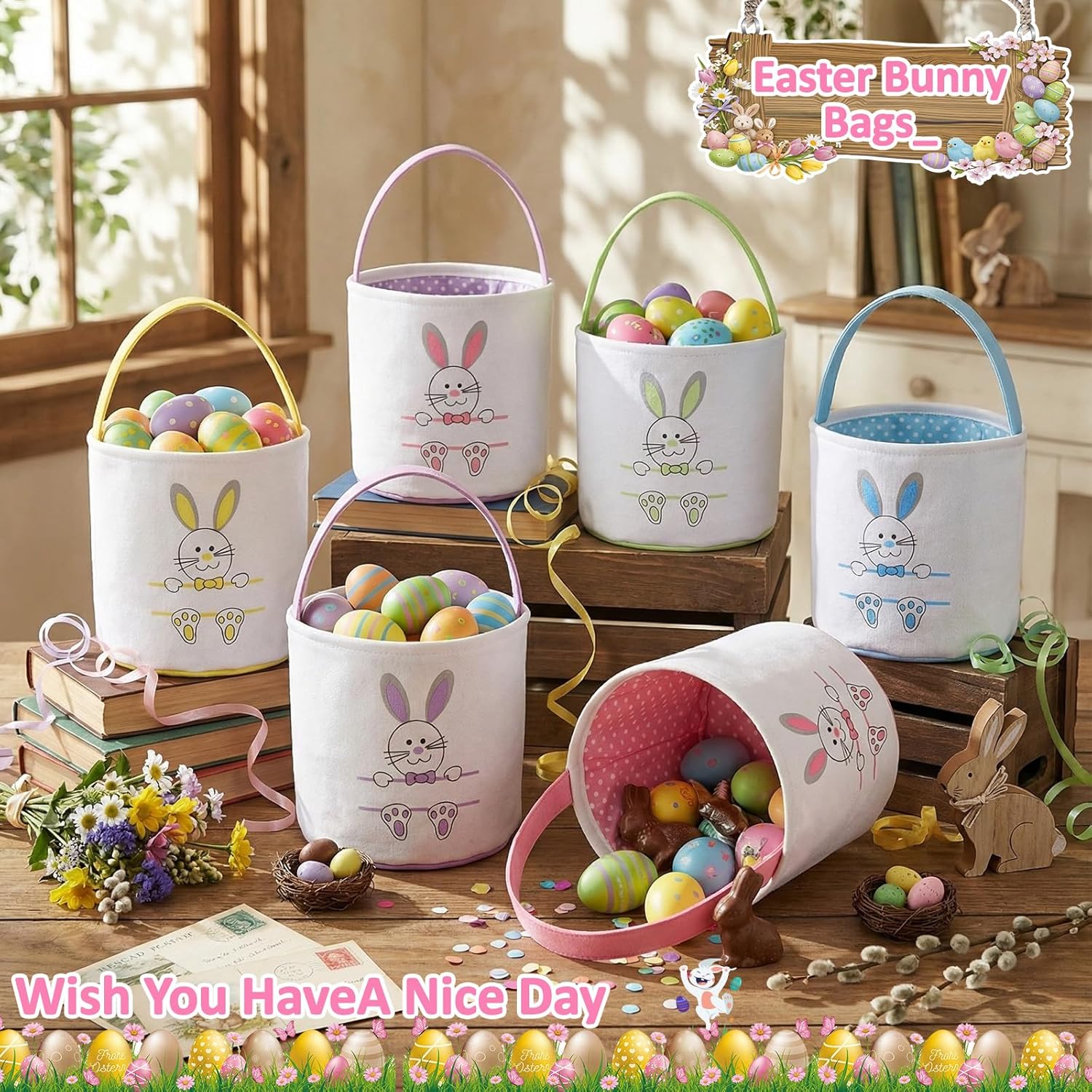 4/6 Pcs Easter Bunny Basket Easter Gift Bags Reusable Totes Bags Easter Eggs Basket for Egg Hunt,Easter Gift buckets for Student Adult Office Employee Coworker,Outdoor Church School Classroom Decorations,Spring Birthday Party Supplies