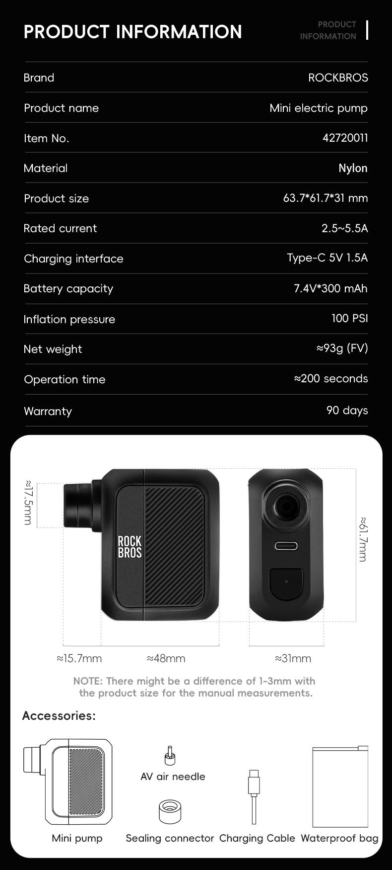 ROCKBROS Mini Bike Pump Portable Bike Tire Pump 100PSI Electric Bike Pump Mini Air Pump Tire Inflator Rechargeable with Presta Schrader Valve