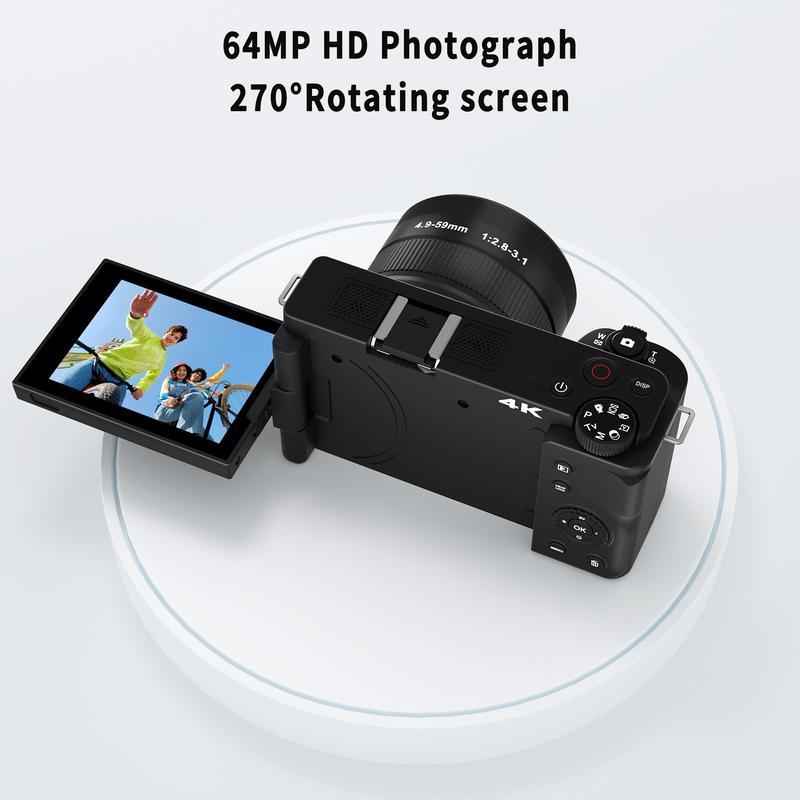 Portable Retro Camera,64MP vlogging camera with WiFi,4K Digital camera flip screen travel Camera,12X Optical Zoom ,camera microphone,64GB SD Card,Summer gift Outdoorfun