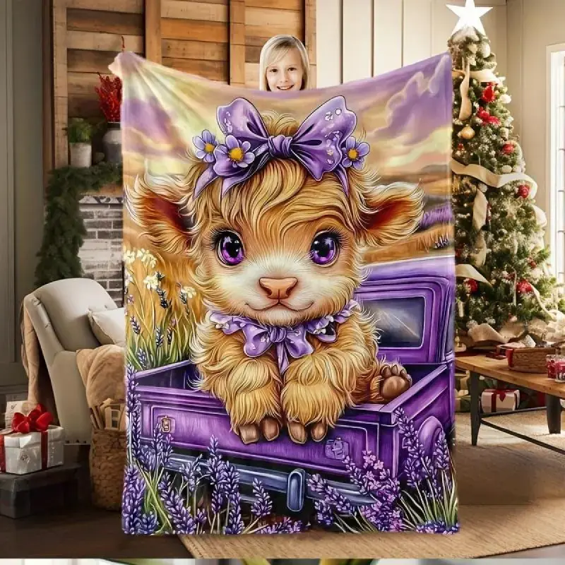1pc Purple Highland Cow Truck Blanket Multifunctional Printed Throw - Cow Pattern Flannel, Soft and Stain Resistant, Suitable for All Seasons Perfect for Bed, Sofa, Office and Outdoor
