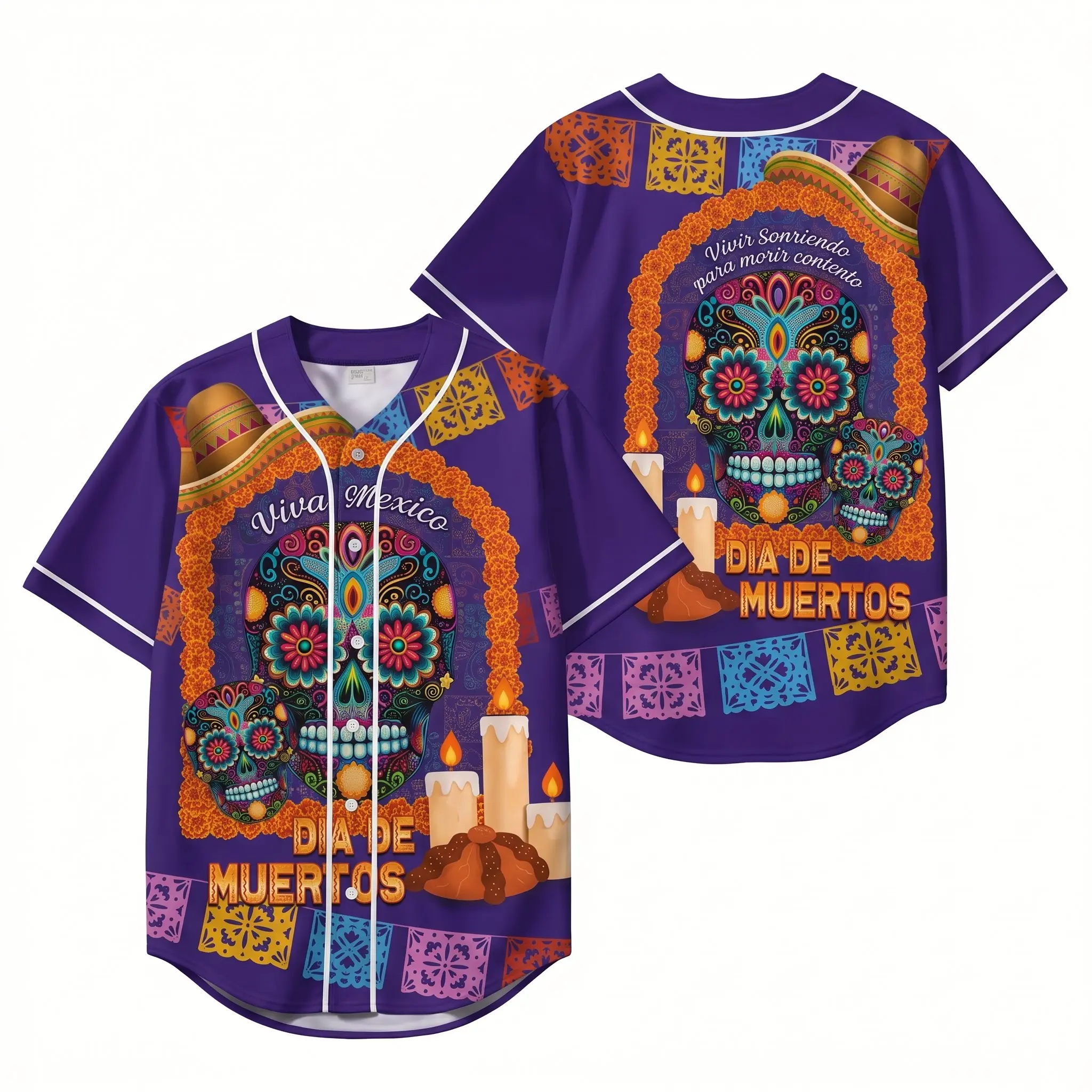 Men's Purple Sugar Skull Baseball Jersey – Dia De Los Muertos Ofrenda Button Up Shirt
