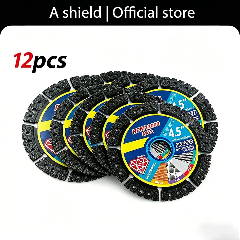 115mm 4.5-inch multi-material angle grinder cutting blades, available in 3-piece, 6-piece, and 12-piece multi-size sets, suitable for dry cutting, capable of cutting a variety of materials such as metal, tile, stone, plastic, cast iron, marble, and more.