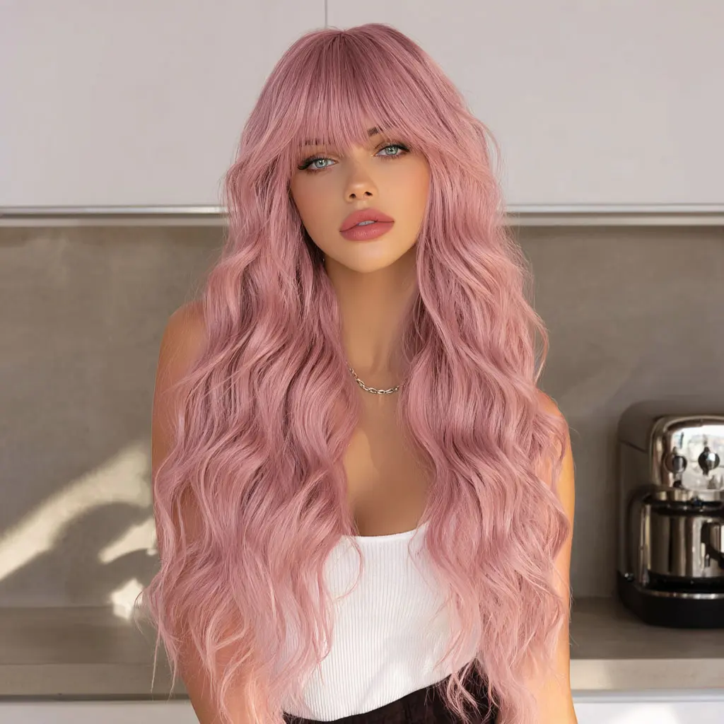 SMILCO/26Inch Dusty Rose Long Wavy with Bangs Synthetic Wig for Cosplay/Women/SM597 Longhair
