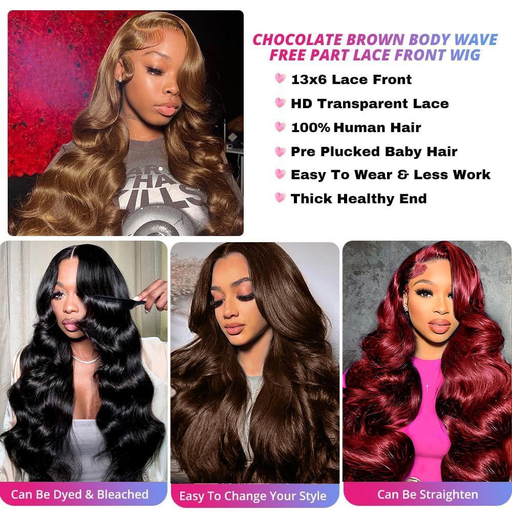 Mamushow 200% Density #4 Chocolate Brown & #1 Jet Black 13x6 Body Wave Full Lace Frontal Human Hair Wigs Wavy Natural Appearance Substantial Comfortable Fit