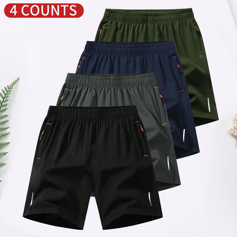 Men's 4-Pack Zipper Pocket Casual Shorts - Lightweight Breathable Design, Elastic Waistband. Assorted Colors for Versatile Styling, Perfect for Summer Daily Leisure, Streetwear Looks & Sports Activities