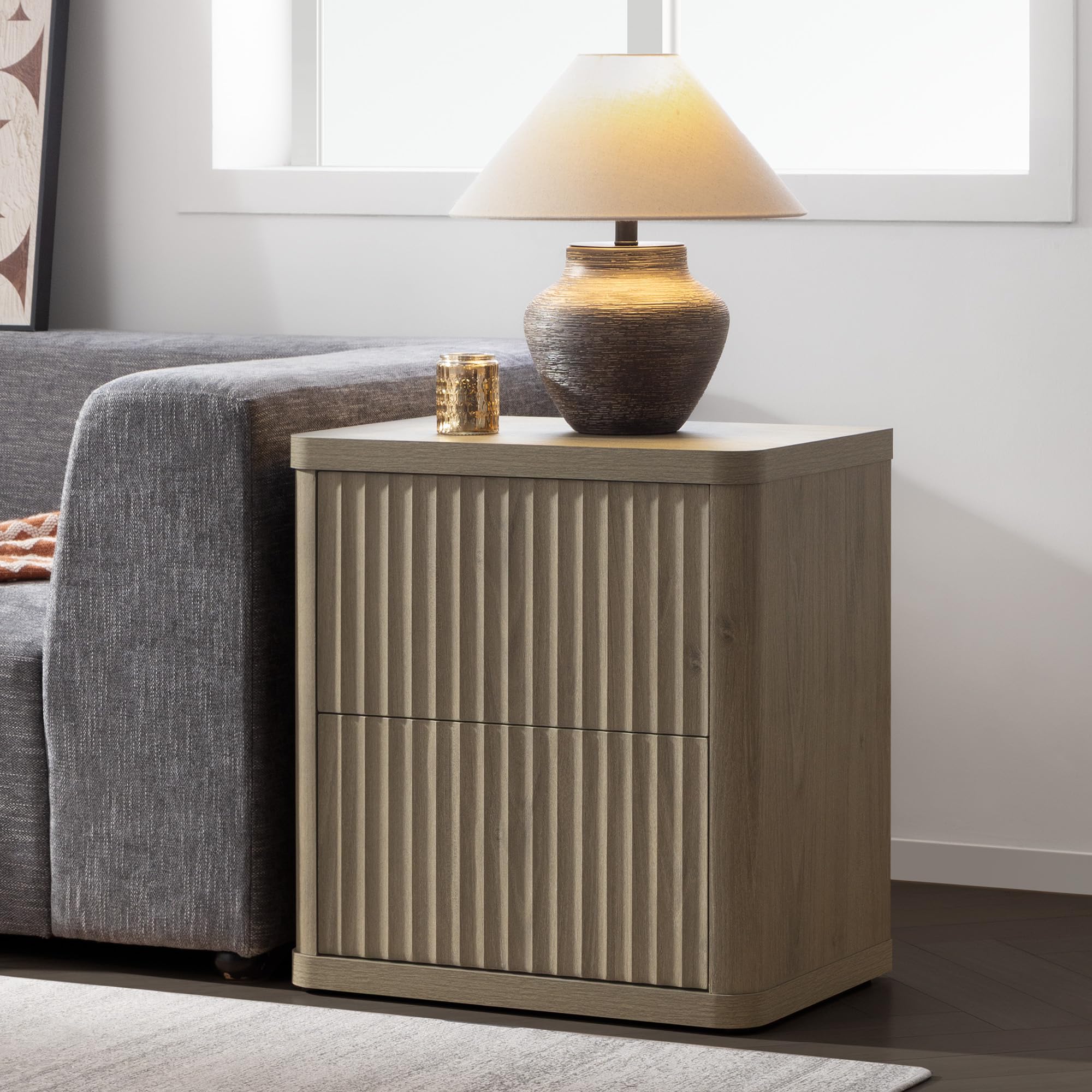 SICOTAS Set of 2 Nightstands, Fluted Modern Bedside Tables with 2 Large Handless Drawers - 22.75" Wide Small End Tables, Curved Edge Design for Bedroom & Living Room