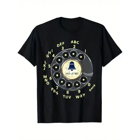 [Vintage Phone T-Shirt] Vintage Dial Phone Printed T-Shirt - Summer Casual Short Sleeved Round Neck T-Shirt - Men'S Clothing, Versatile And Fashionable Top For Daily Wear, Suitable For Daily Life, Regular-Fit, Family T-Shirt