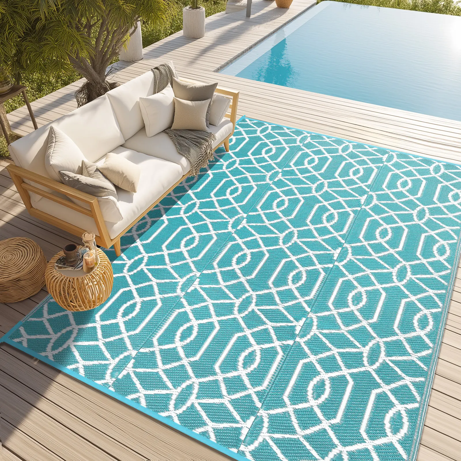 LOKHOM 9x12 Knotted Recycled PVC Waterproof Reversible Outdoor Furniture Rug - Decorative, Modern Multi-Size, All-Weather for Balconies/Patio, Family Time Picnic Mat, RV Camping Accessory, Decorative Rug