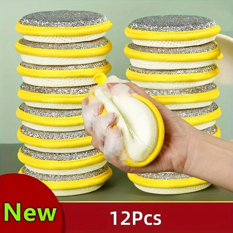 12-Pack Dual-Sided Kitchen Cleaning Scrub Sponges (Household Kitchen Cleaning Tool) - Scratch Resistant, Absorbent, Rich Foam, Reusable, Fast Drying Scrubber Pads for Pots, Pans + Magic Fiber Towel