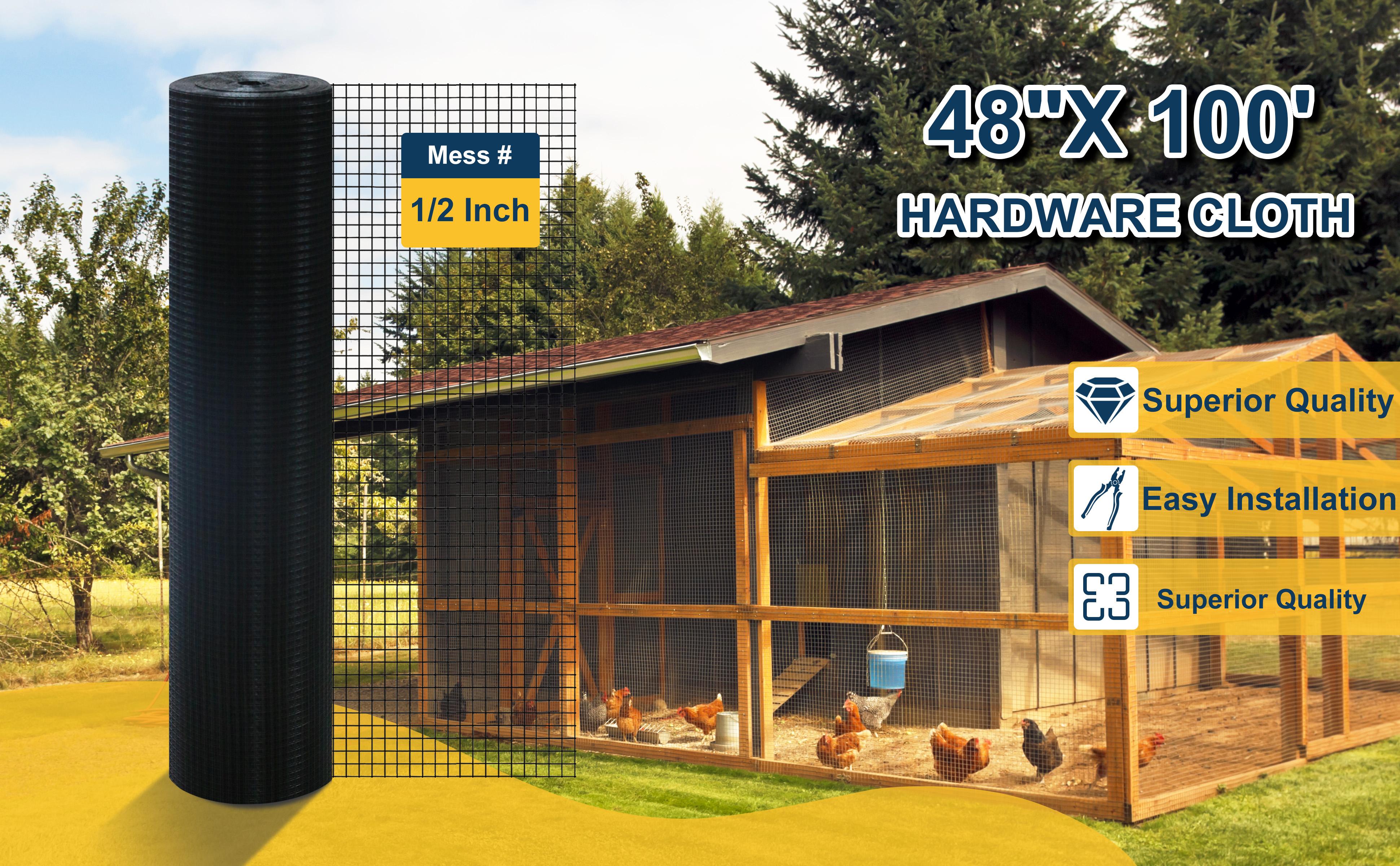 Hardware Cloth, 1/2 Inch 48" x 100 ft Black Vinyl Metal Mesh Roll, 19 Gauges Chicken Wire Fence Roll, Welded Wire Fencing PVC Coated Wire Fence Rolls for Chicken Coop, Poultry