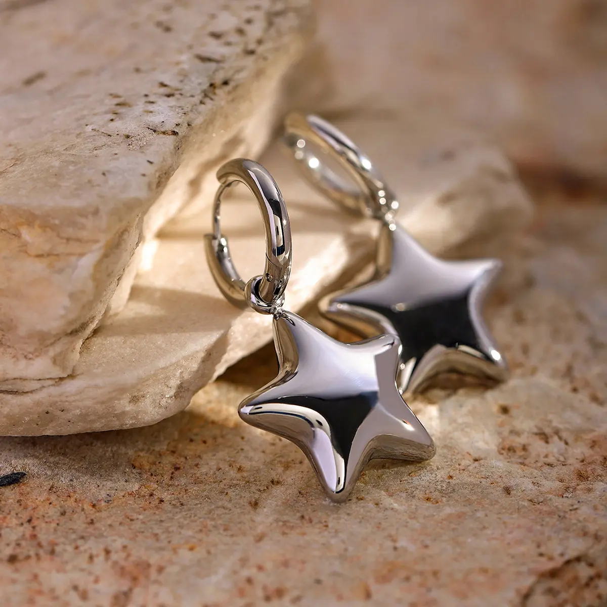 OUFER Body Jewelry Women's Stainless Steel Non-Tarnish Hoop Earrings - Hollow Star Charm Drop, Hand-Polished Empty-Core, Water-Safe Stylish Costume Jewelry for Casual Daily Wear, Non Tarnish Jewelry