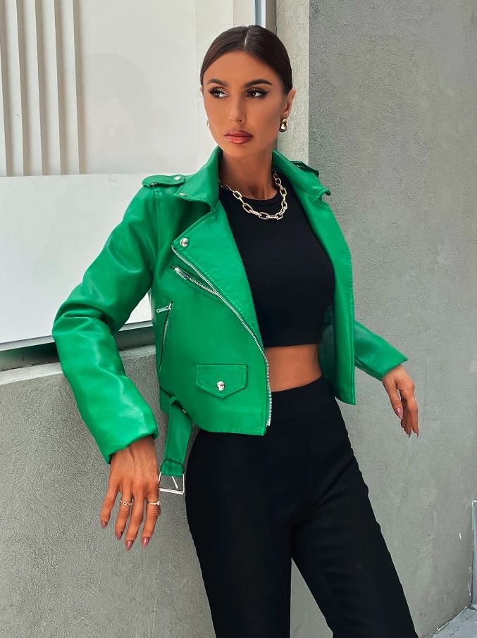 Zip Up Belted PU Moto Jacket *LooKo