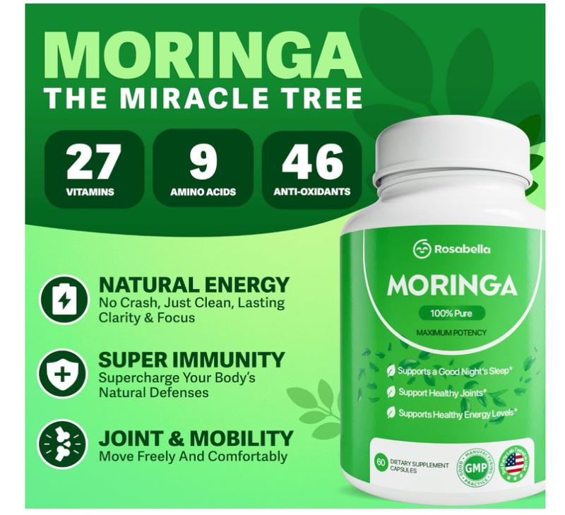6 Pack of Rosabella Moringa Capsules (800mg) for Immune Support, Gut Health & Vitamins