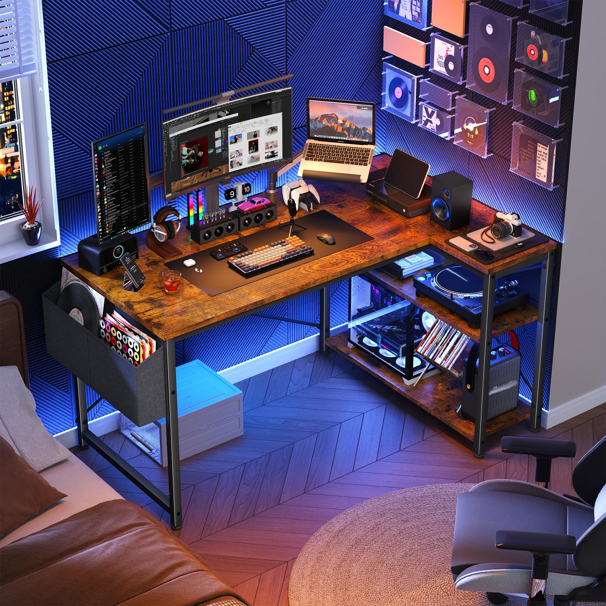 【For SMALL SPACE】Raybee L-Shaped Gaming Desk with Side Pouch, Shelves, Power Outlets Home Office Computer Desk for Small Space, Bedroom,Dormitory,Study Room,Corner Table Organization 【For SMALL SPACE】Raybee L-Shaped Gaming Desk with Side Pouch, Shelves, Power Outlets Home Office Computer Desk for Small Space, Bedroom,Dormitory,Study Room,Corner Table Organization