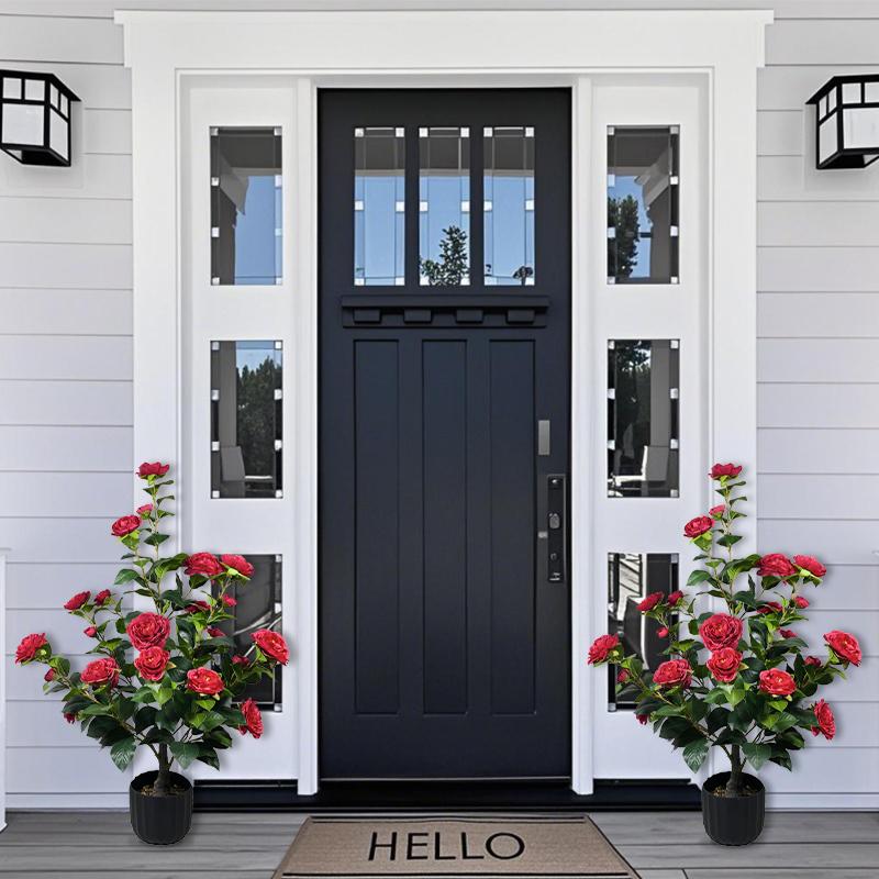 2 Pcs 3-foot Camellia Tree with Decorative Pebbles, Flower Pot, 24 Realistic Flowers, 188 Leaves for Indoor, outdoor courtyard Home Decor