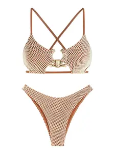 ZAFUL Women's Sexy Cutout Bikini Set High-Cut Textured Metal Ring Cheeky Swimsuit Two-Piece Bathing Suit