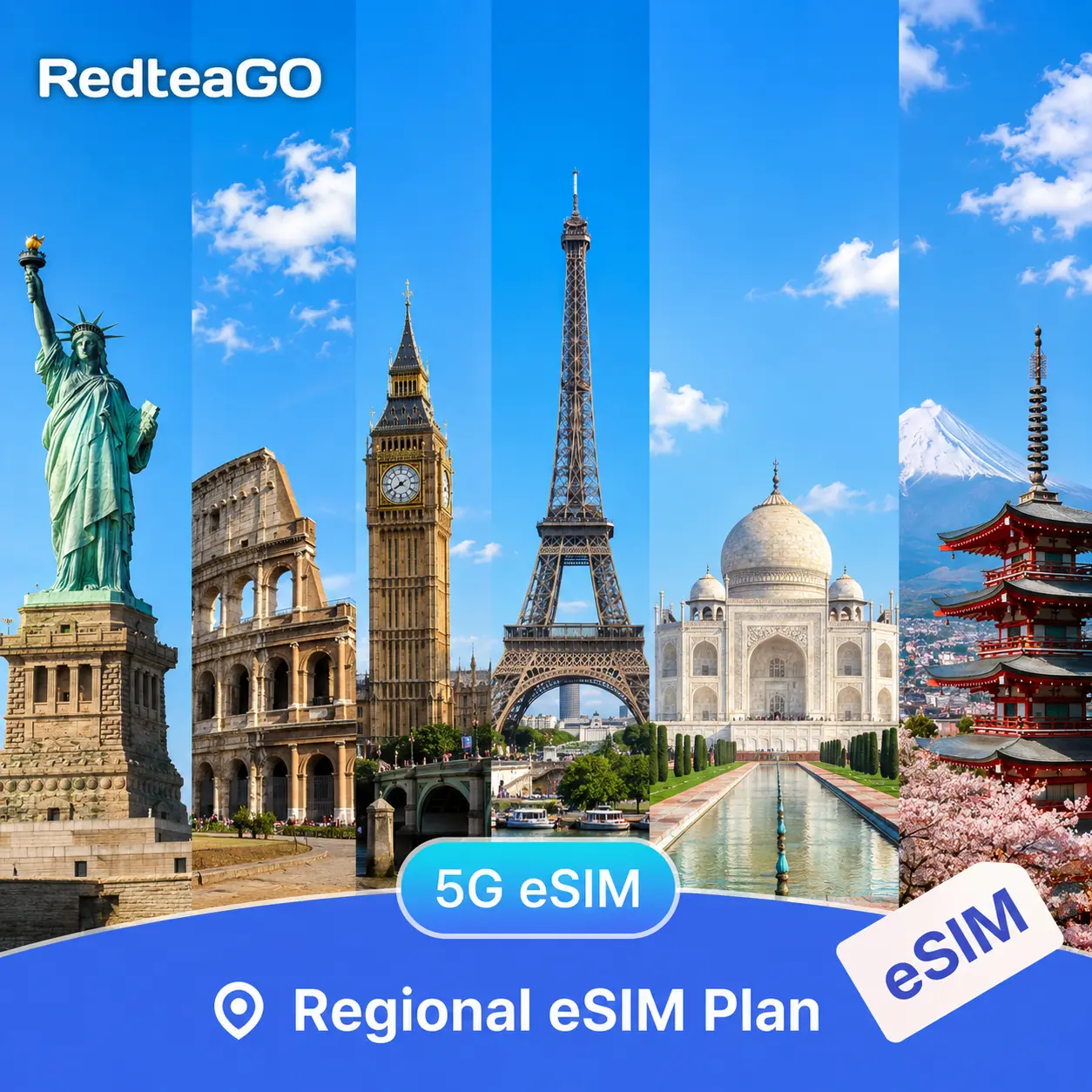 RedteaGO Global Single Country eSIM Unlimited Data 5G International Travel SIM USA Canada Mexico Europe Japan Korea China Thailand Singapore Instant QR Code