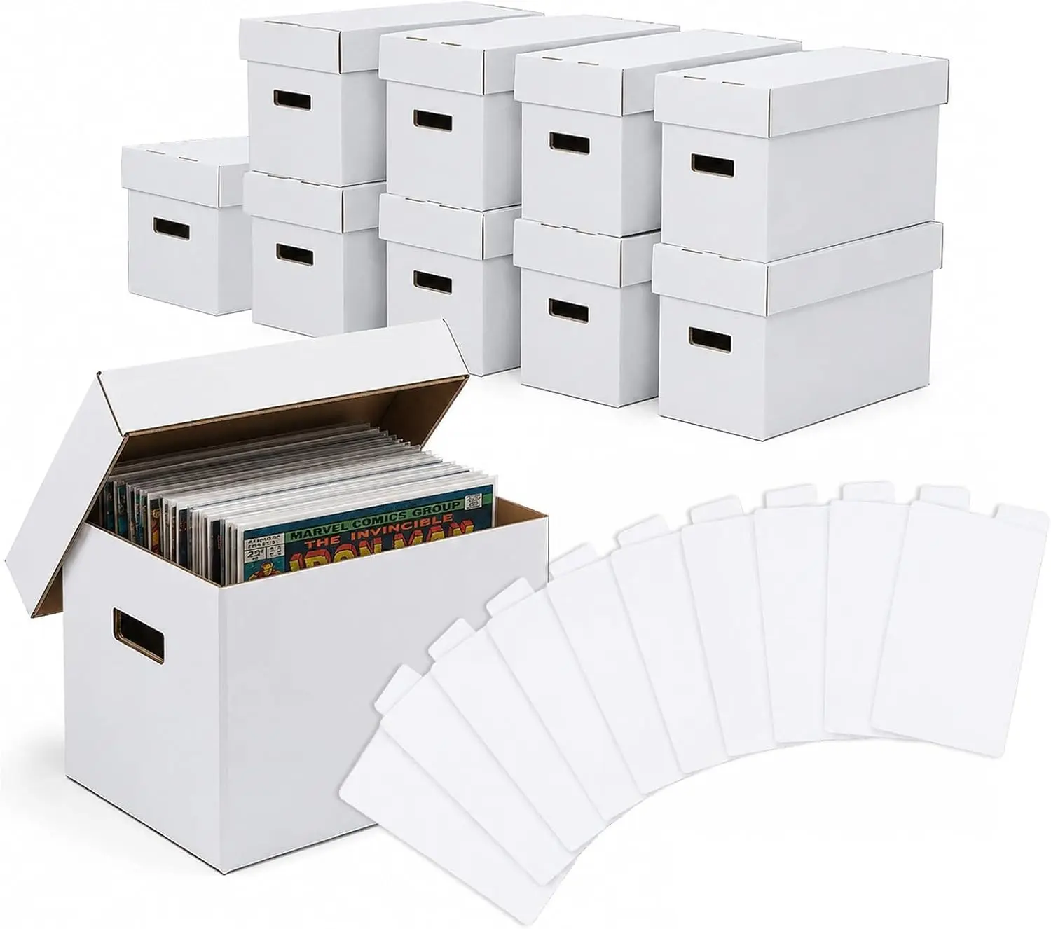 PIT66 10 Pcs Short Height Rectangular Cardboard Comic Storage Boxes with Lids, Stackable Durable White Organizer Boxes, Holds 150-175 Comic Books