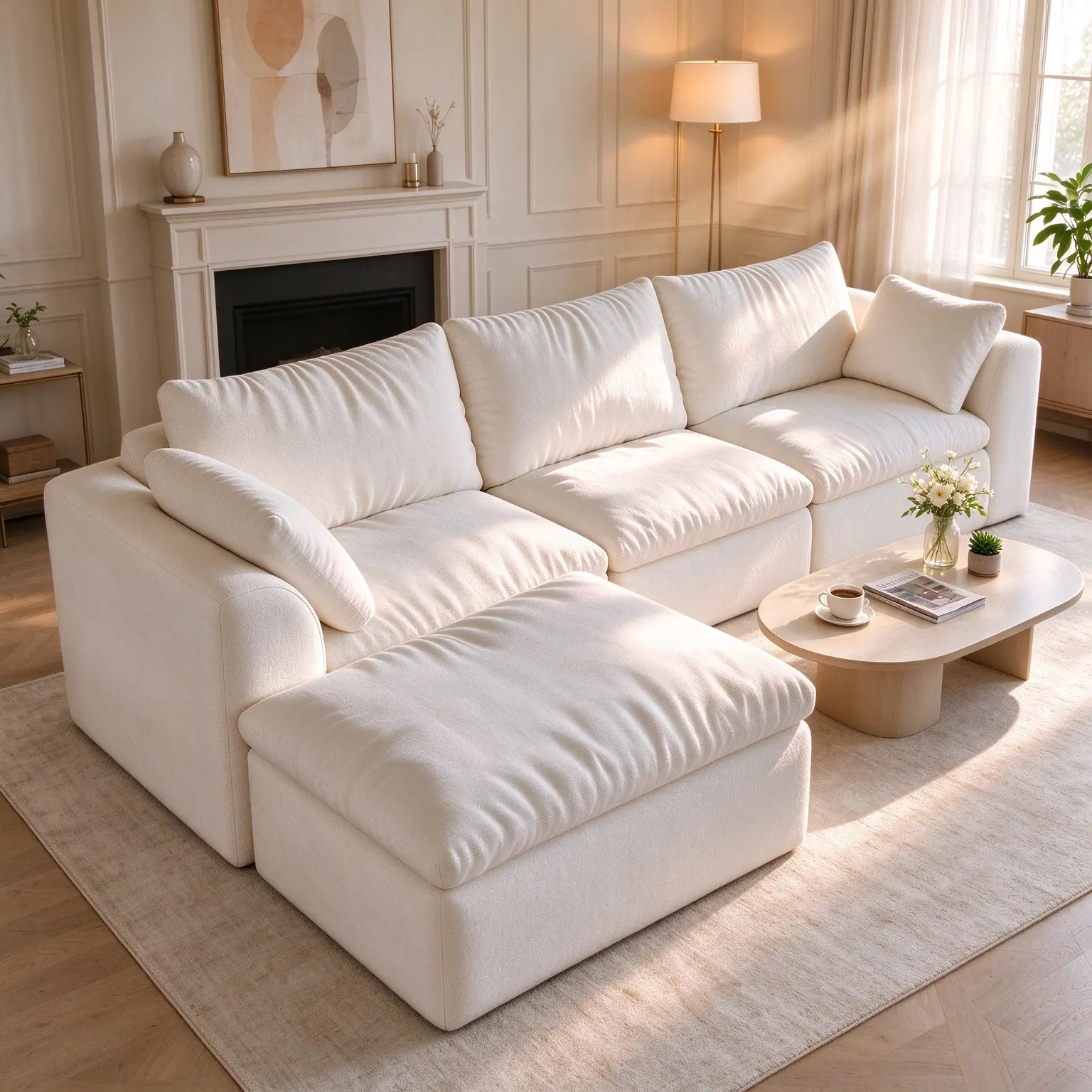 96.5" L-Shaped 4-Seat Modular Sectional Sofa with Chaise, Oversized Deep Seat Corner Couch, Vacuum Compressed, Tool-Free Assembly, Textured Woven Fabric Large Sofa for Living Room, White