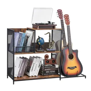 VEVOR 3-Tier Record Player Stand with Guitar Holder,  , Turntable Stand with Storage Holds Up to 300 Albums, Vinyl Record Cabinet with Metal Mesh Frame for Living Room, Bedroom, Black