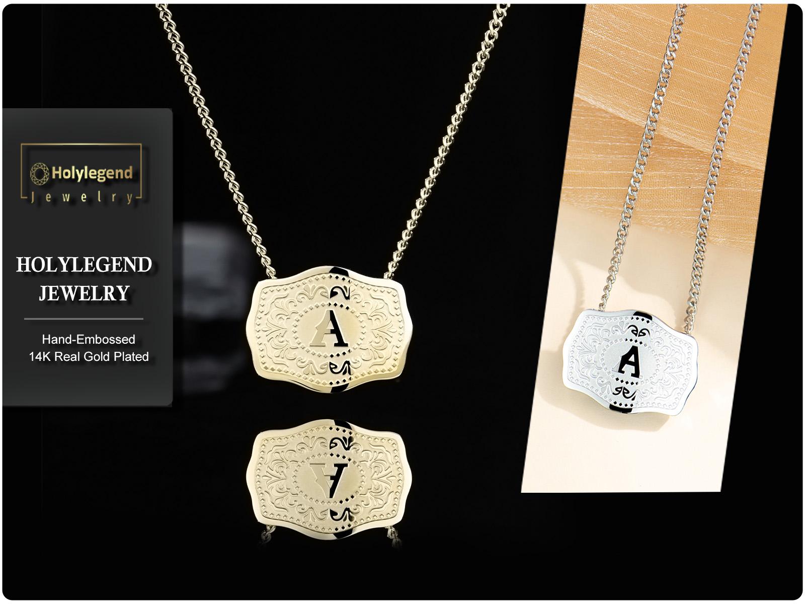Holylegend 14K Real Gold-Plated Initial Letter Pendant Necklace with Embossed Belt Buckle CowTag Western Style Jewelry Gift for Men Women Buy 1 Get 1 Free Chain 18"+2" Extender Length Handmade Perfect Gift