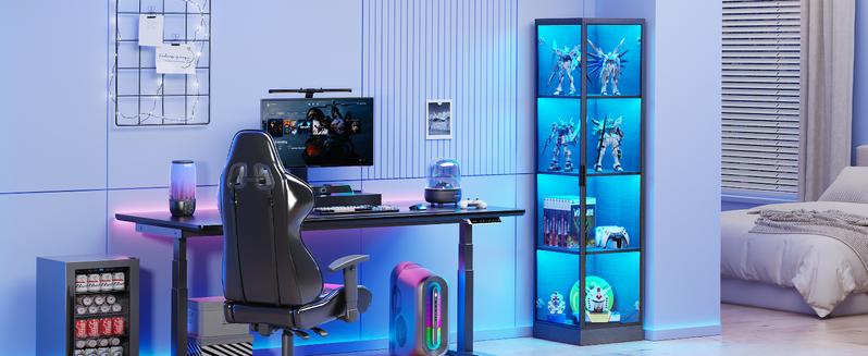 BROTTAR Corner Display Cabinet with Glass Doors, Aesthetic Display Case with 3 Color Light, 4-Tier Curio Cabinet & Bookcase for Collectibles, Toys, Books, for Playroom, Bedroom, Study Room, Black/White