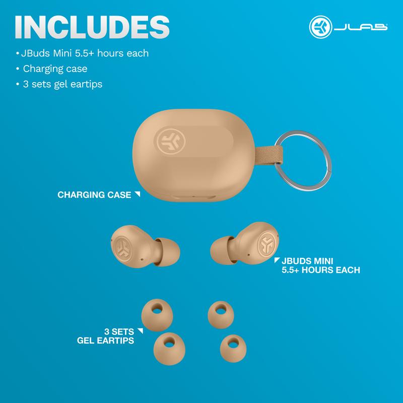 JLab JBuds Mini Tones Bluetooth 5.3 Earbuds Compact IP55 Dustproof Noise-Canceling 20 Hours Playtime Android Compatible Safe Mode Wireless Headphones